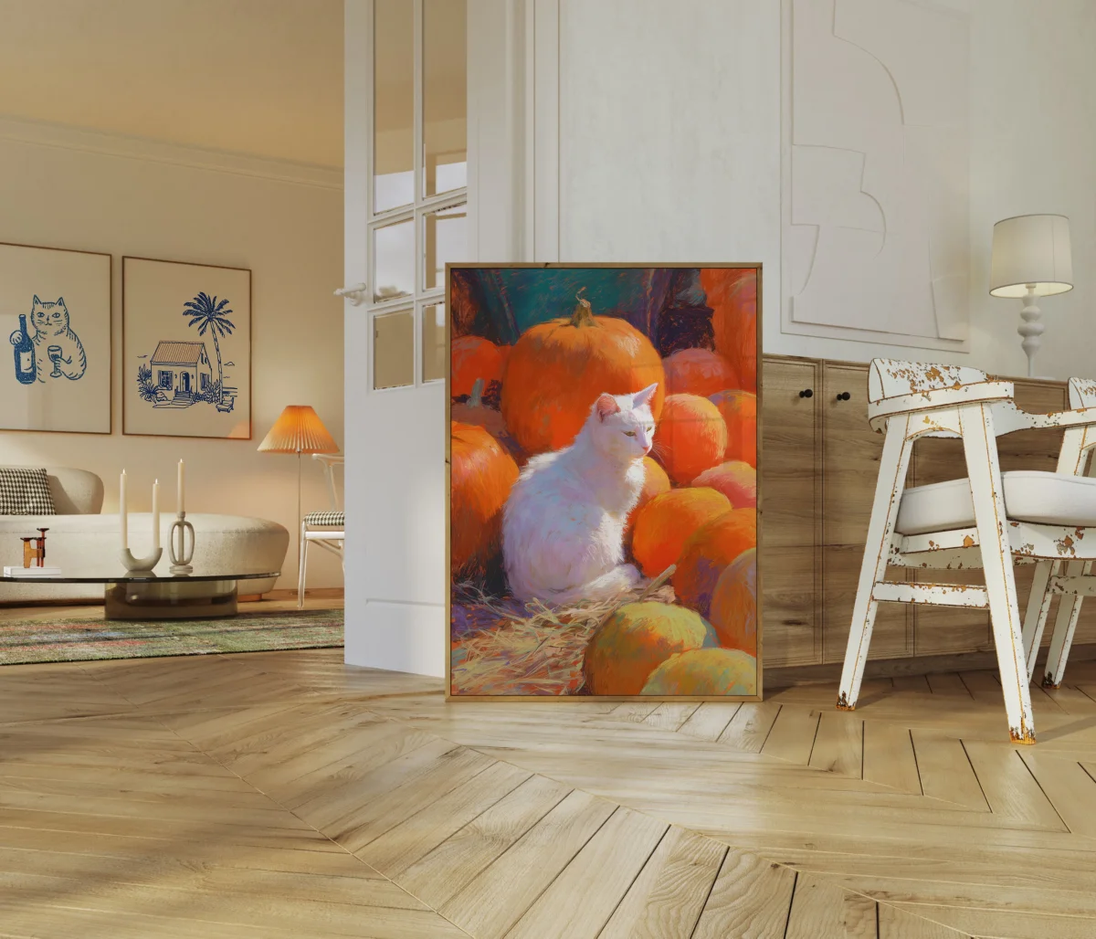 White Cat in Pumpkin Patch Poster - Image 6