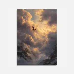 Eagle Soaring Through Golden Clouds Poster