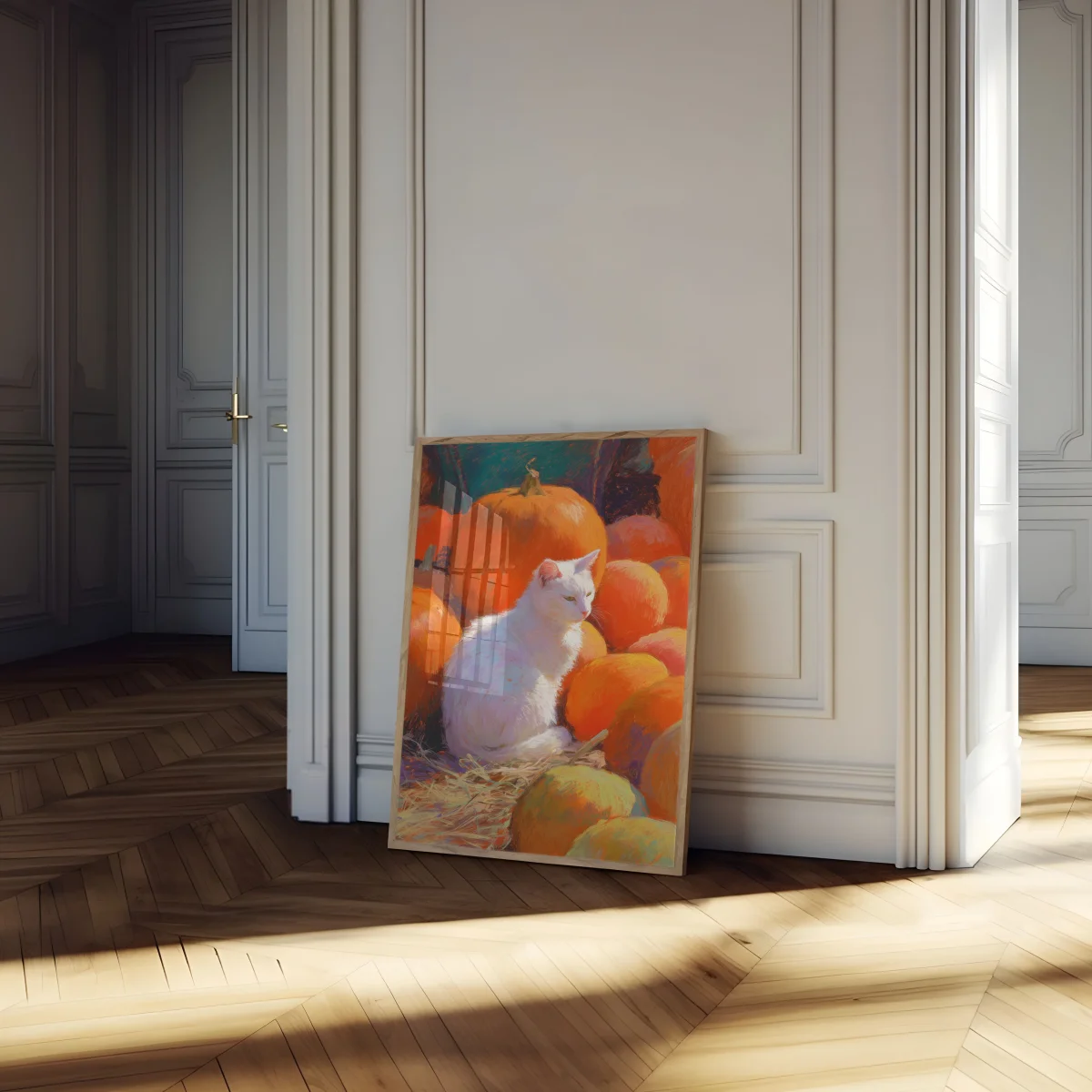 White Cat in Pumpkin Patch Poster - Image 5
