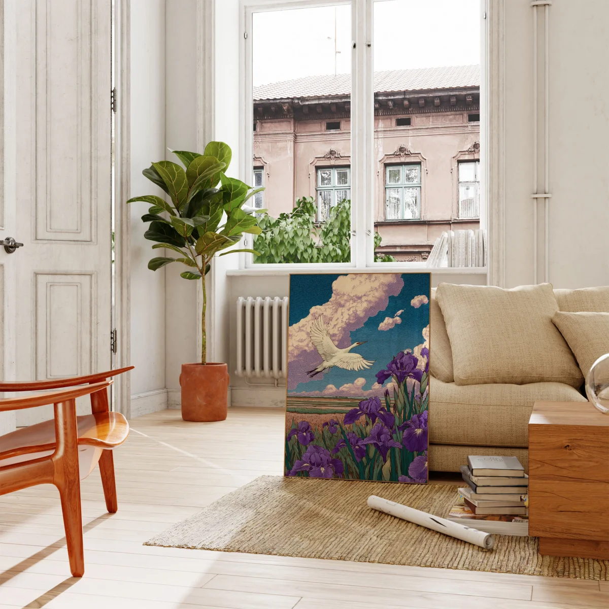 Crane Over Purple Iris Field Poster - Image 3