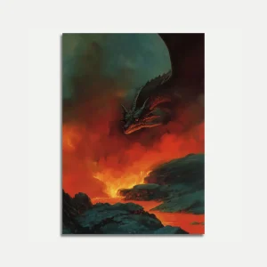 Dragon Over Lava Landscape Poster