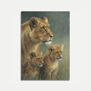 Lioness and Cubs in Rain Poster