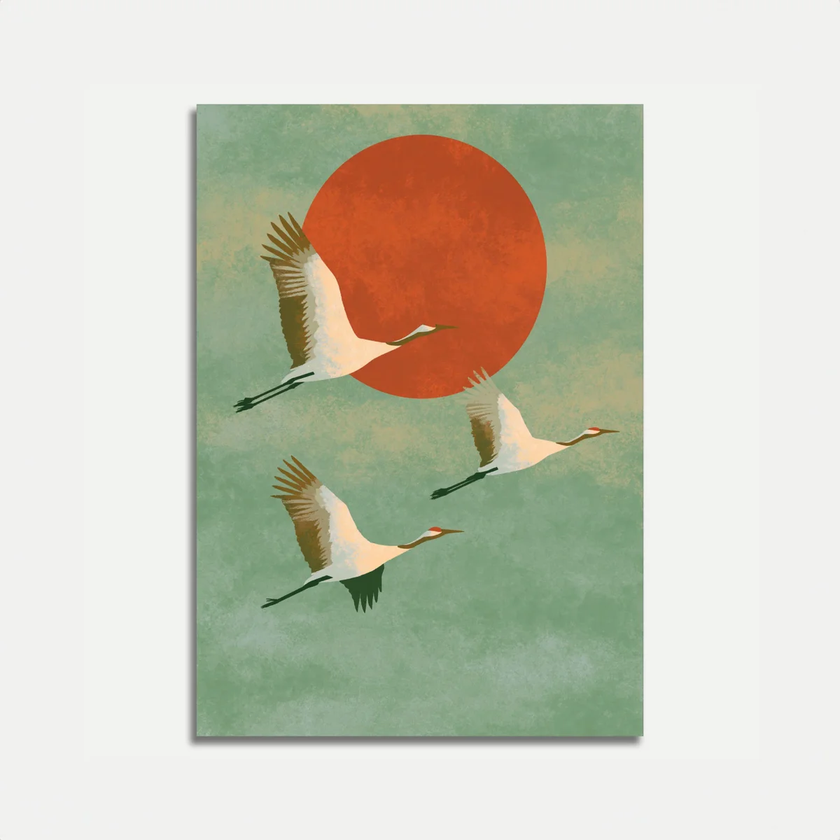 Flying Cranes Against Red Sun Poster