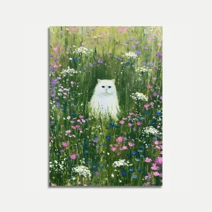 White Cat in Wildflower Meadow Poster