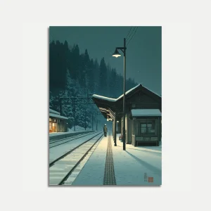 Snowy Railway Station Night Poster