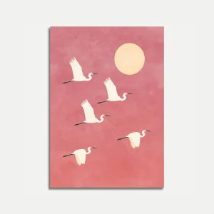 Cranes Flying Under Moon Poster