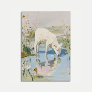 White Deer Drinking by Wildflowers Poster